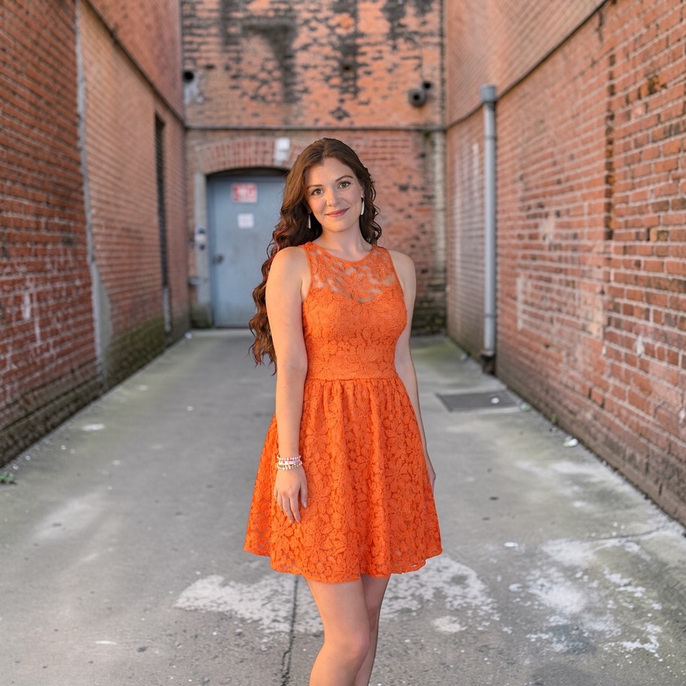 Bongo Orange Floral Lace Fit & Flare Skater Mini Dress Sleeveless A-Line Size L